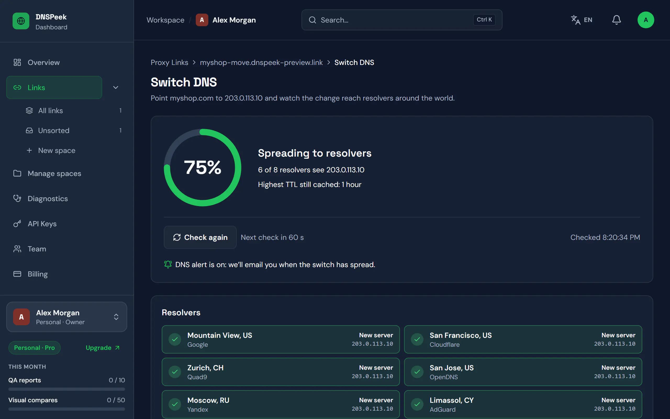 The switch screen: the share of resolvers that see the new server, the highest TTL still cached and each resolver’s answer.