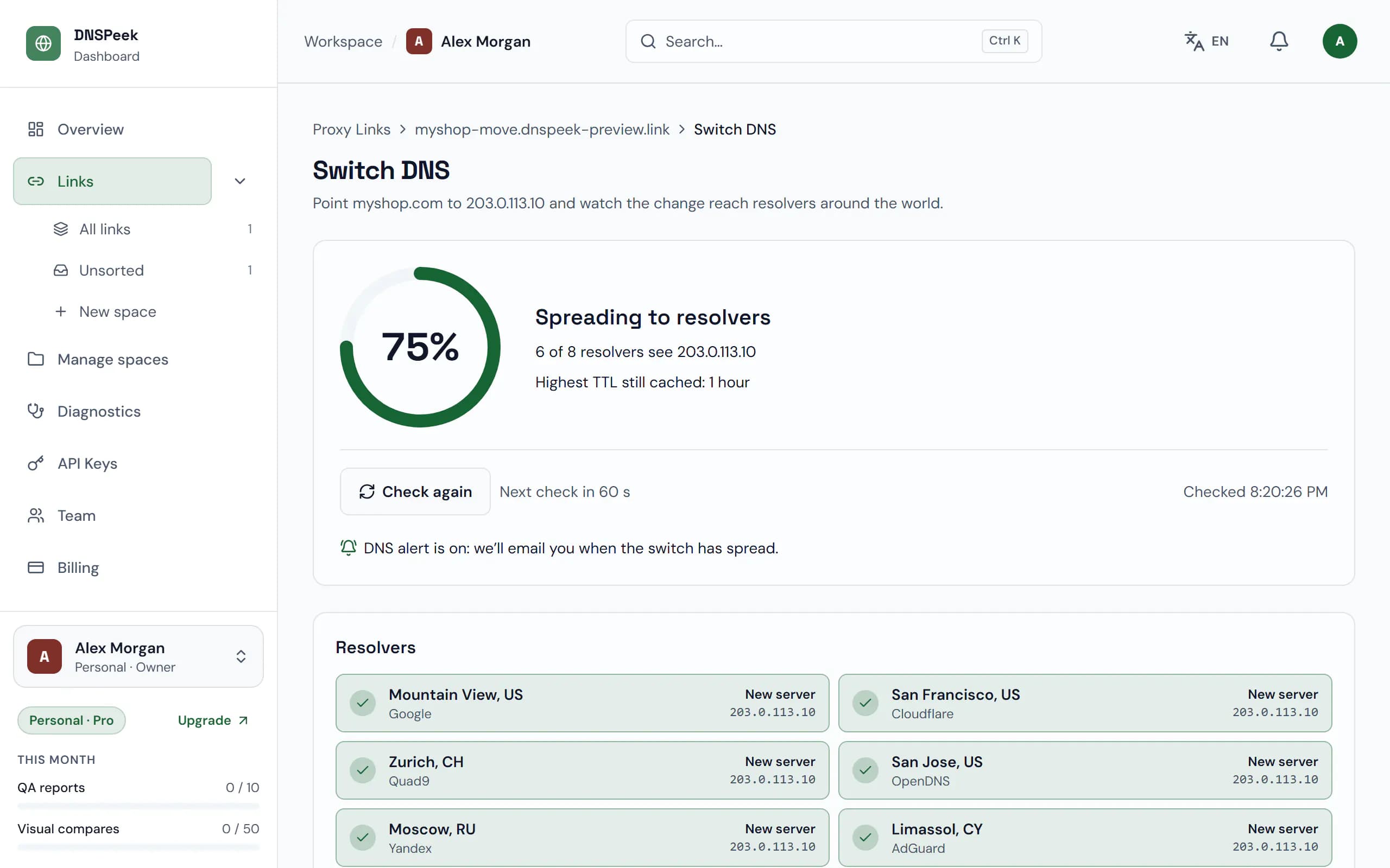 The switch screen: the share of resolvers that see the new server, the highest TTL still cached and each resolver’s answer.