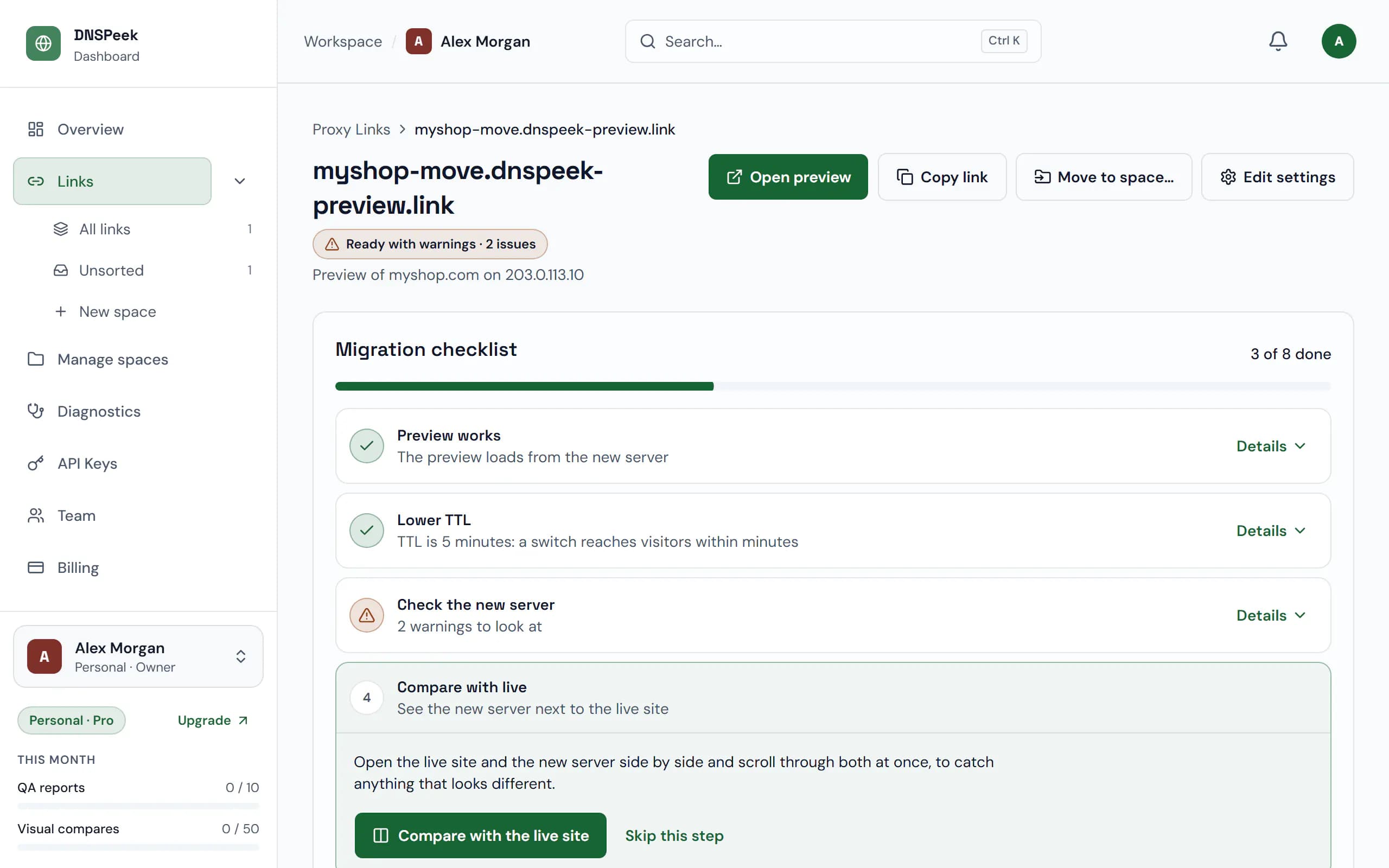 DNSPeek dashboard: the page of a preview link for myshop.com on 203.0.113.10 with its migration checklist, 3 of 8 steps done.