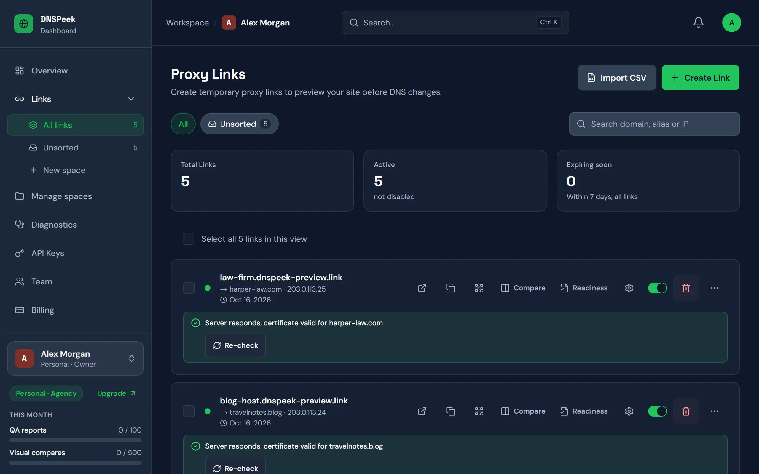 DNSPeek dashboard: preview links for five client sites, each with its new server IP and a passed server check.