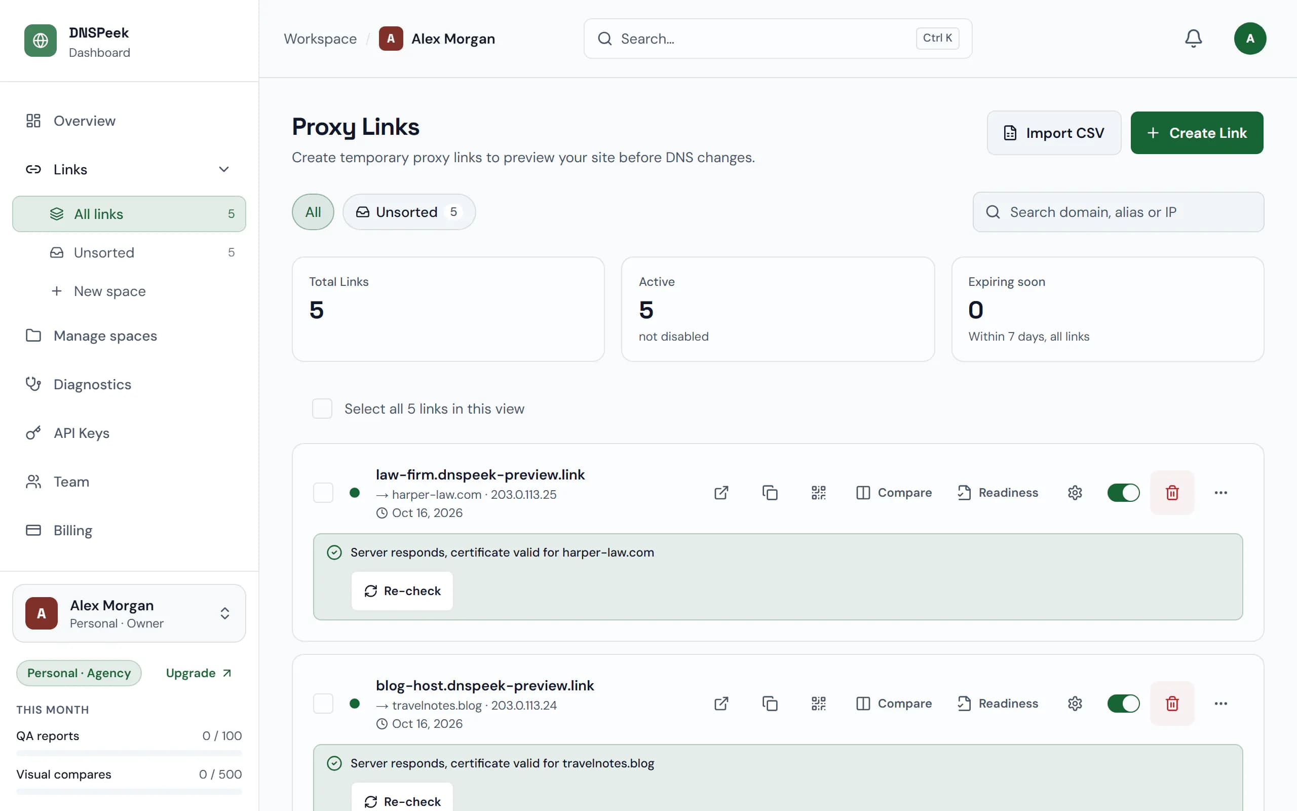DNSPeek dashboard: preview links for five client sites, each with its new server IP and a passed server check.